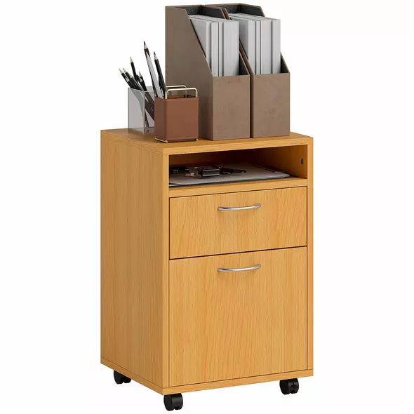 HOMCOM 60cm Filing Cabinet with Drawer, Open Shelf, Metal Handles and 4 Wheels, Office Home Organiser Mobile Printer, Natural Wood Finish - 1