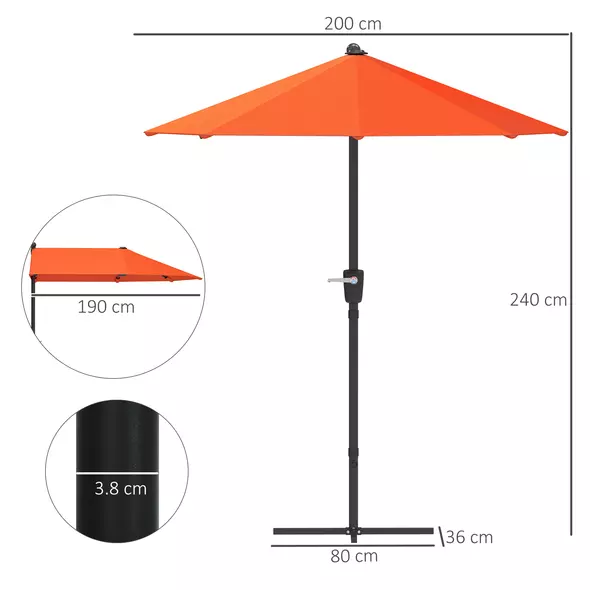 Outsunny 2m Half Parasol Umbrella - Orange - 3