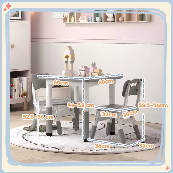 AIYAPLAY Height Adjustable Toddler Table and Chair Set, 3 Pcs Children Activity Table w/ 2 Chairs, for Playroom, Bedroom - Grey - 3