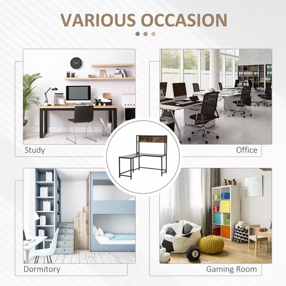 HOMCOM L Shaped Desk with Book Shelf, Industrial Corner Computer Desk, Writing Table with Steel Frame for Home Office, Bedroom, Study Room, 140 x 125cm, Brown - 7