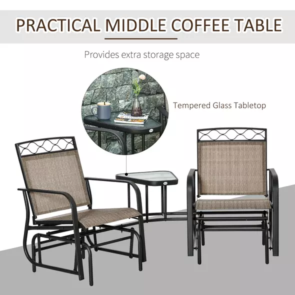 Outsunny Double Outdoor Glider Chair, 2 Seater Patio Rocking Chairs, Swing Bench with Tempered Glass Table, Breathable Mesh Fabric for Backyard, Garden, Porch, Brown - 6