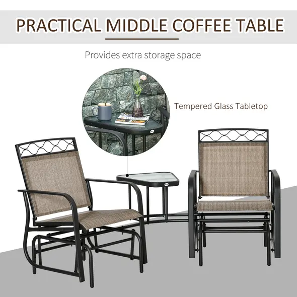Outsunny Double Outdoor Glider Chair, 2 Seater Patio Rocking Chairs, Swing Bench with Tempered Glass Table, Breathable Mesh Fabric for Backyard, Garden, Porch, Brown - 6