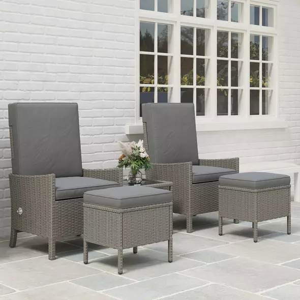 Outsunny 5 Piece Rattan Garden Furniture Set, Wicker Patio Sofa Set with 2 Armchairs, 2 Footstools, Glass Top Coffee Table with Shelf, Outdoor Furniture with Adjustable Backrests, Cushions, Dark Grey - 9