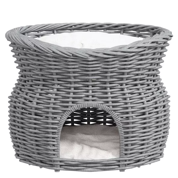 PawHut 2-Tier Wicker Cat House Elevated Pet Bed Basket Willow Kitten Tower Pet Den. with Washable Cushions 56x37x40cm Grey - 7