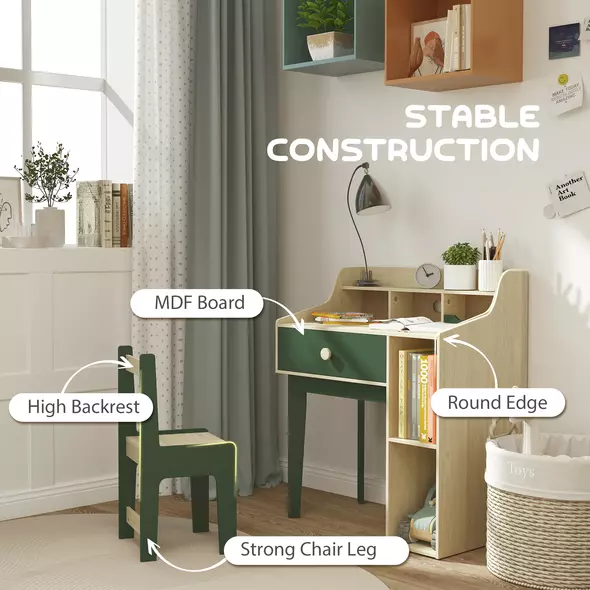 AIYAPLAY Kids Desk and Chair Set with Storage Shelves and Drawer, Green - 5