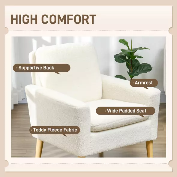 HOMCOM Armchair, Upholstered Accent Chair with Wood Legs and Wide Padded Seat, Teddy Occasional Chair, Cream White - 4