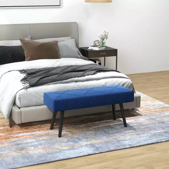 HOMCOM End of Bed Bench with X-Shape Design and Steel Legs, Upholstered Hallway Bench for Bedroom, Blue - 2