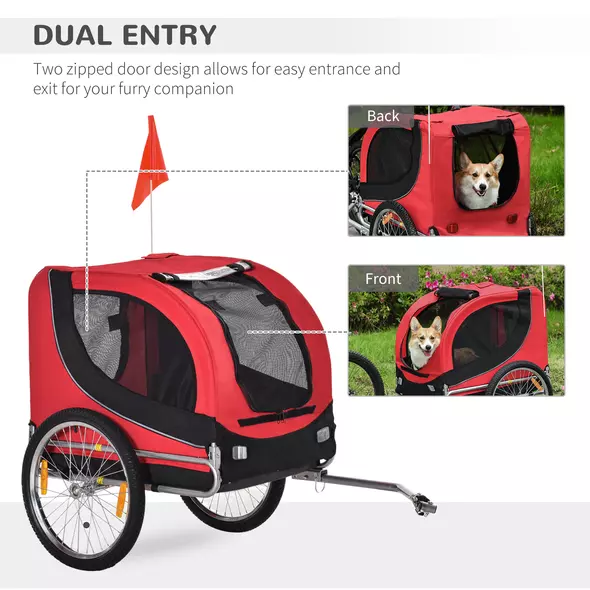 PawHut Steel Dog Bike Trailer Pet Cart Carrier for Bicycle Kit Water Resistant with Hitch Coupler Travel Black and Red - 9