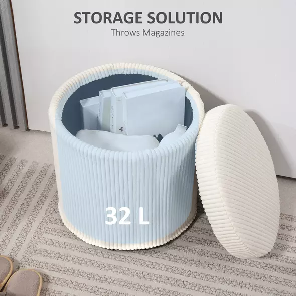 HOMCOM 40cm Round Storage Ottoman, Corduroy Footstool with Removable Lid and Legs, Vanity Stool for Living Room, Bedroom, Beige - 6