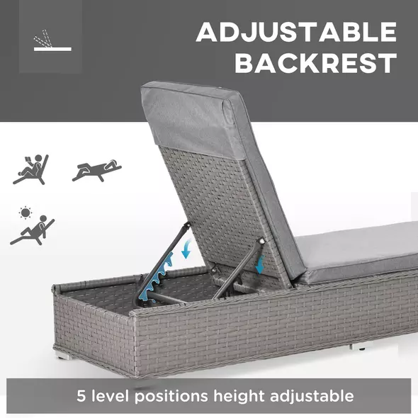 Outsunny 3 Pieces Rattan Sun Lounger Set with Aluminium Frame, 5-Position Adjustable Reclining Garden Chairs and Glass Top Table, Wicker Garden Furniture Daybed with Cushions for Patio, Grey - 6