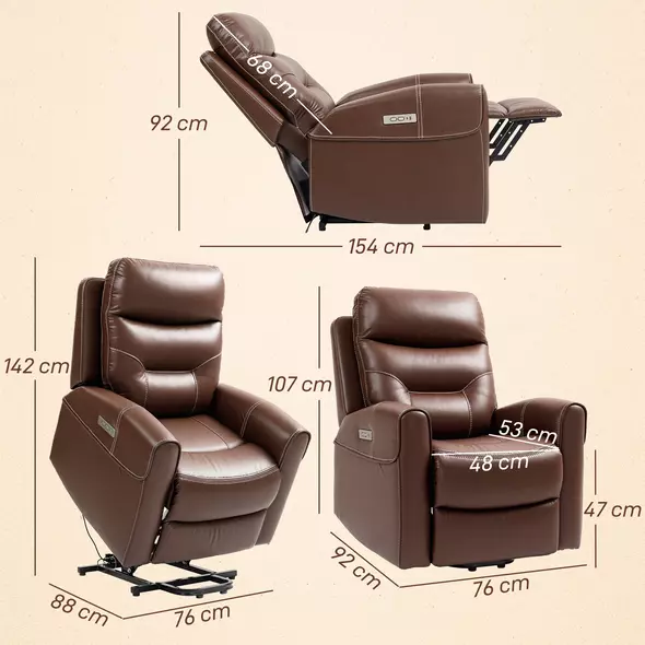 HOMCOM Power Lift Recliner Chair for Elderly, Overstuffed Faux Leather Riser and Reclining Chair with USB A+C Ports, Recliner Armchair for Living Room, Brown - 3