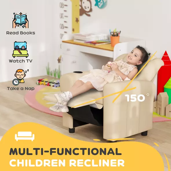 HOMCOM Kids Recliner Chair, PU Leather with Adjustable Backrest, Footrest, Padded Headrest, Beige - 4