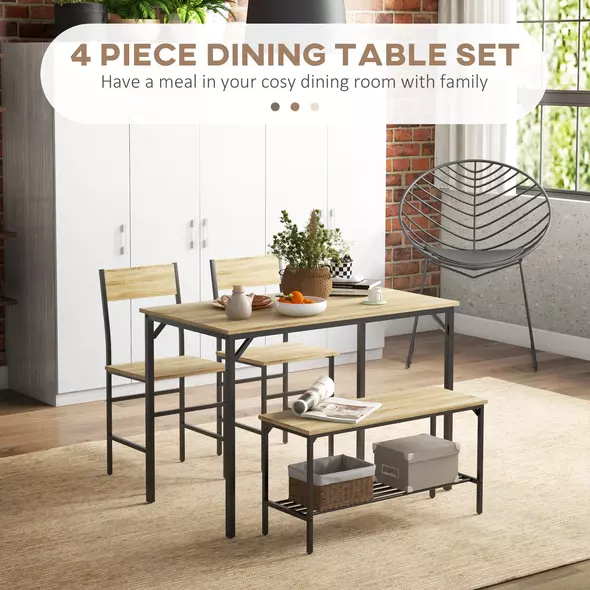 HOMCOM Square Dining Set for 4 Persons, Table, Chairs and Bench Included, Natural Wood Effect - 4