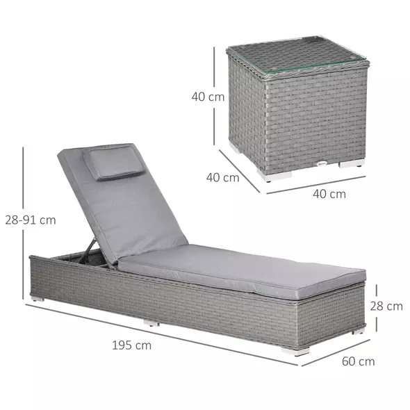 Outsunny 3 Pieces Rattan Sun Lounger Set with Aluminium Frame, 5-Position Adjustable Reclining Garden Chairs and Glass Top Table, Wicker Garden Furniture Daybed with Cushions for Patio, Grey - 3