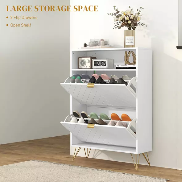 HOMCOM 12 Shoe Storage Cabinet, with Chevron Indents and Gold Tone Accents - White - 4