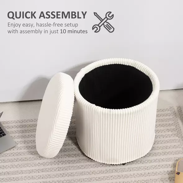 HOMCOM 40cm Round Storage Ottoman, Corduroy Footstool with Removable Lid and Legs, Vanity Stool for Living Room, Bedroom, Beige - 7