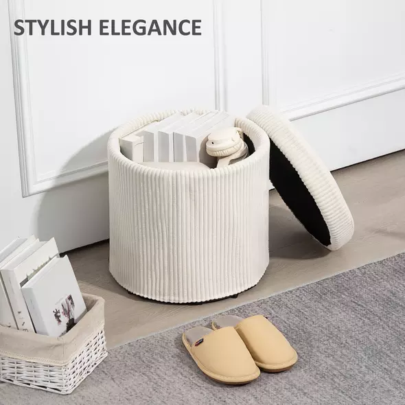HOMCOM 40cm Round Storage Ottoman, Corduroy Footstool with Removable Lid and Legs, Vanity Stool for Living Room, Bedroom, Beige - 4