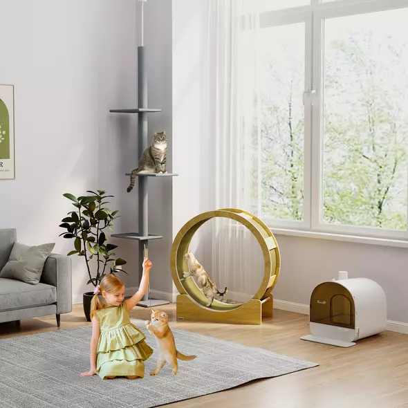 PawHut Cat Wheel with Brake, Scratching Pads - Oak Tone - 9