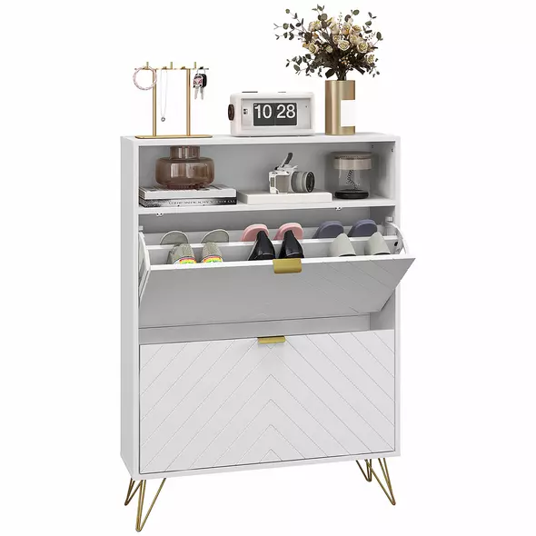 HOMCOM 12 Shoe Storage Cabinet, with Chevron Indents and Gold Tone Accents - White - 1