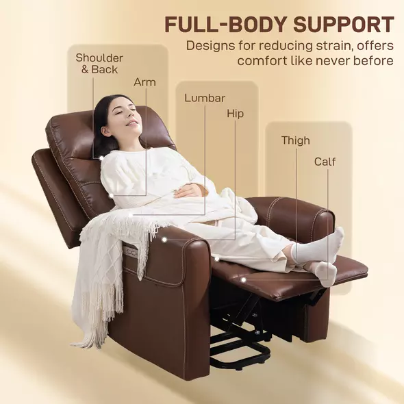 HOMCOM Power Lift Recliner Chair for Elderly, Overstuffed Faux Leather Riser and Reclining Chair with USB A+C Ports, Recliner Armchair for Living Room, Brown - 8