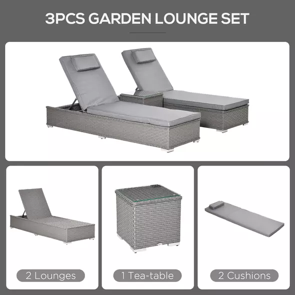Outsunny 3 Pieces Rattan Sun Lounger Set with Aluminium Frame, 5-Position Adjustable Reclining Garden Chairs and Glass Top Table, Wicker Garden Furniture Daybed with Cushions for Patio, Grey - 5