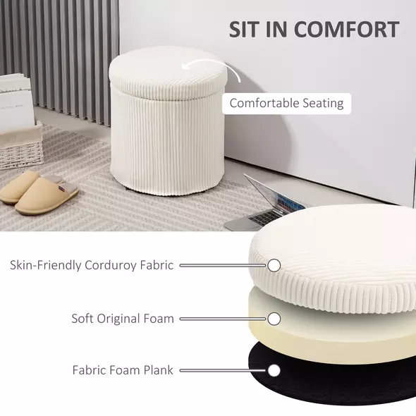 HOMCOM 40cm Round Storage Ottoman, Corduroy Footstool with Removable Lid and Legs, Vanity Stool for Living Room, Bedroom, Beige - 5