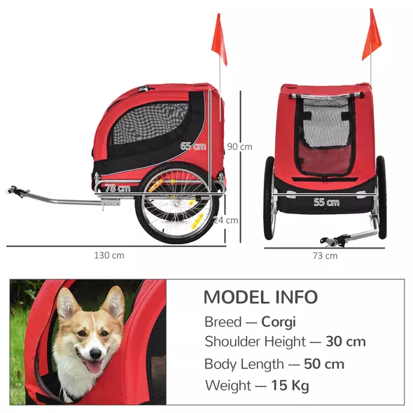 PawHut Steel Dog Bike Trailer Pet Cart Carrier for Bicycle Kit Water Resistant with Hitch Coupler Travel Black and Red - 3