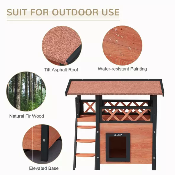 PawHut Cat House Outdoor w/ Balcony Stairs Roof, 77 x 50 x 73 cm, Brown - 5