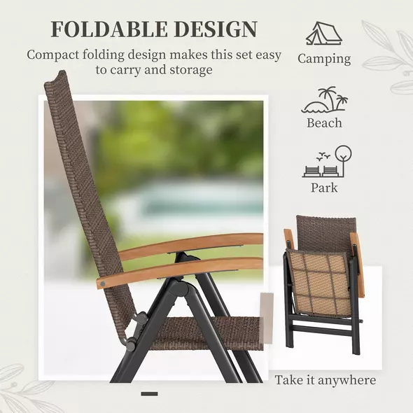 Outsunny Folding Rattan Garden Dining Chair with 5-level Reclining High Back, Wood Armrests for Outdoor, Patio - Brown - 6