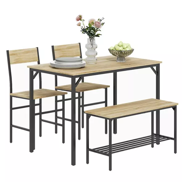 HOMCOM Square Dining Set for 4 Persons, Table, Chairs and Bench Included, Natural Wood Effect - 1