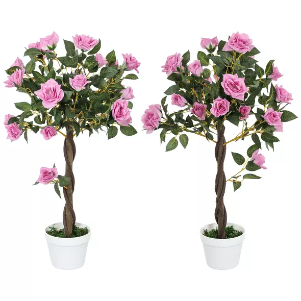 Outsunny Set of 2 Artificial Plants White Rose Floral in Pot, Fake Plants for Home Indoor Decor, 90cm, Purple - 1