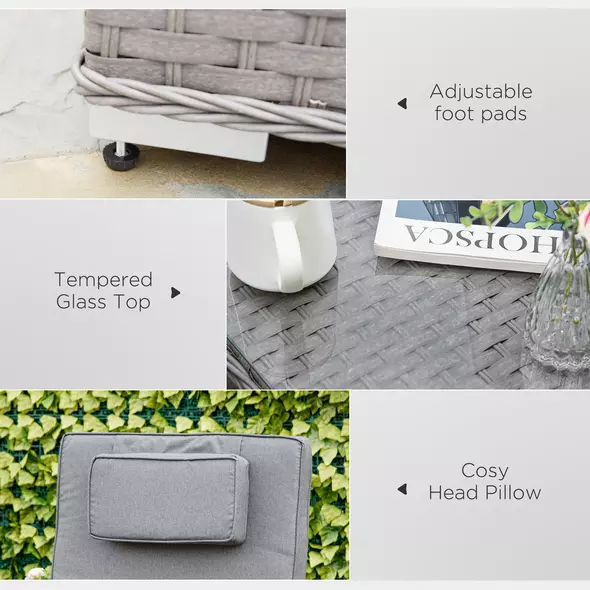 Outsunny 3 Pieces Rattan Sun Lounger Set with Aluminium Frame, 5-Position Adjustable Reclining Garden Chairs and Glass Top Table, Wicker Garden Furniture Daybed with Cushions for Patio, Grey - 7