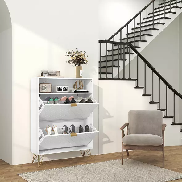 HOMCOM 12 Shoe Storage Cabinet, with Chevron Indents and Gold Tone Accents - White - 9