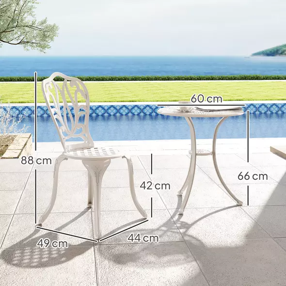 Outsunny 3 Piece Garden Bistro Set, Cast Aluminium Outdoor Furniture Set with Umbrella Hole for Balcony, Porch, Patio, White - 3