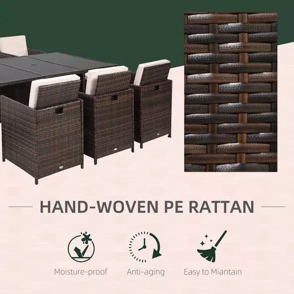 Outsunny 10 Seater Rattan Cube Garden Furniture Set with Parasol Hole, Rattan Dining Set with Cushions, Outdoor Dining Table and Chairs with Rectangular Glass Top Table for Patio, Mixed Brown - 6