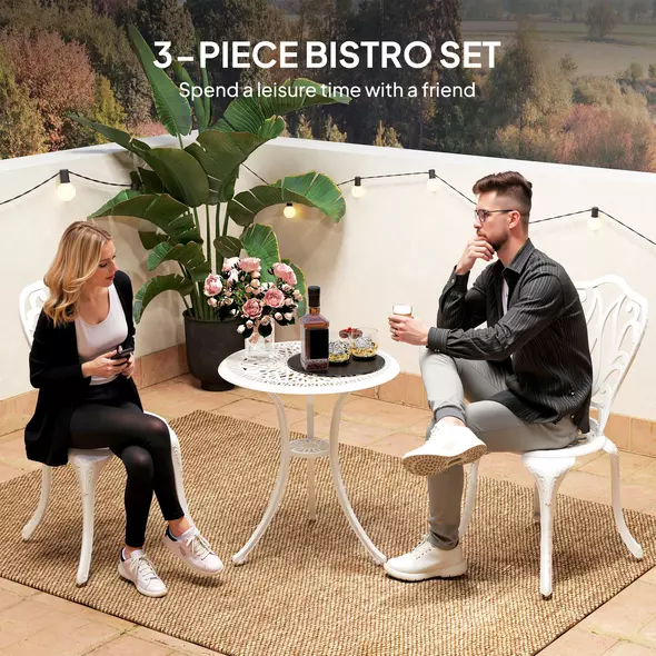 Outsunny 3 Piece Garden Bistro Set, Cast Aluminium Outdoor Furniture Set with Umbrella Hole for Balcony, Porch, Patio, White - 4