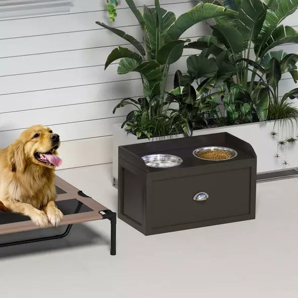 PawHut Stainless Steel Raised Dog Bowls, with 21L Storage Drawer for Large Dogs - Brown - 9