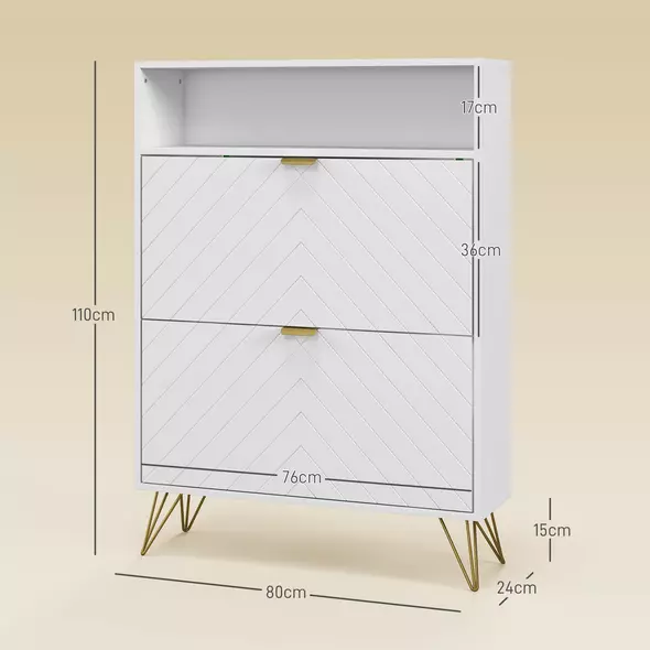 HOMCOM 12 Shoe Storage Cabinet, with Chevron Indents and Gold Tone Accents - White - 3