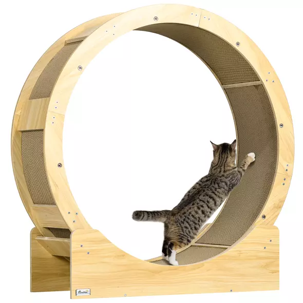 PawHut Cat Wheel with Brake, Scratching Pads - Oak Tone - 1