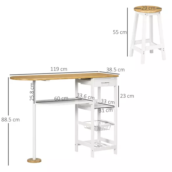 HOMCOM 3 Piece Bar Table Set, Breakfast Bar table and Stools with Storage Shelf, Drawer, Wire Basket and Wine Rack for Kitchen, Home Bar, Natural and White - 3