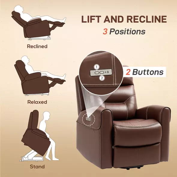 HOMCOM Power Lift Recliner Chair for Elderly, Overstuffed Faux Leather Riser and Reclining Chair with USB A+C Ports, Recliner Armchair for Living Room, Brown - 4