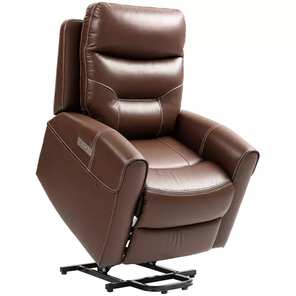 HOMCOM Power Lift Recliner Chair for Elderly, Overstuffed Faux Leather Riser and Reclining Chair with USB A+C Ports, Recliner Armchair for Living Room, Brown - 1