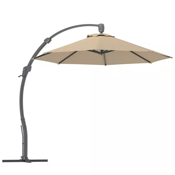 Outsunny 3(m) Garden Cantilever Parasol, Round Overhanging Umbrella with Crank Handle, Cross Base, Aluminium Frame and 360° Rotation, Banana Patio Umbrella for Outdoor Sun Shade, Khaki - 1