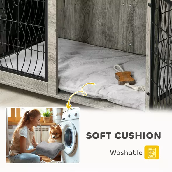 PawHut 46.46'' Dog Crate Furniture Table with Soft Washable Cushion and Lockable Door, for Large Indoor Dogs, Grey - 6