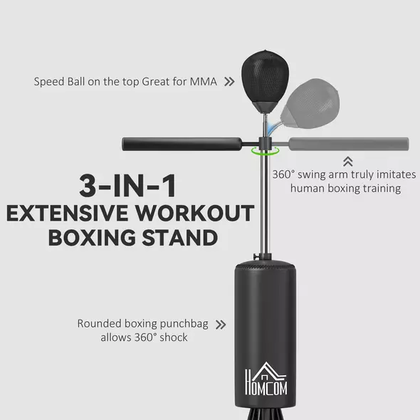 HOMCOM 155-205cm 3-IN-1 Freestanding Boxing Punching Bag Stand, Boxing Speed Trainer with Rotating Flexible Arm, Speed Ball, Fillable Base, Black - 4