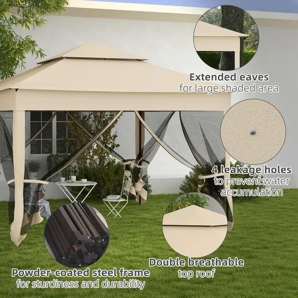 Outsunny 3 x 3(m) Pop Up Gazebo, Double-roof Garden Tent with Netting and Carry Bag, Party Event Shelter for Outdoor Patio, Cream White - 7