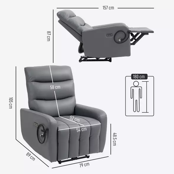 HOMCOM Electric Recliner Armchair with USB + Type C Charge Port, Phone Holder, PU Leather Reclining Chair with Adjustable Leg Rest, Recliner Chair for Home Living Room Theater, Grey - 3