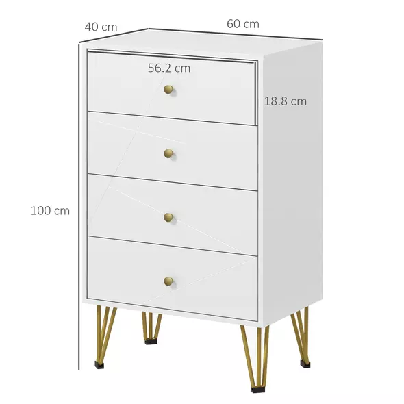 HOMCOM Tall Chest of Drawers, 4-Drawer Dresser for Bedroom, Modern Storage Cabinets with Hairpin Legs, White - 3
