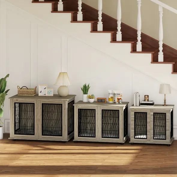 PawHut 46.46'' Dog Crate Furniture Table with Soft Washable Cushion and Lockable Door, for Large Indoor Dogs, Grey - 9