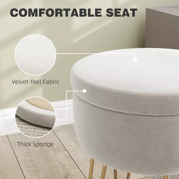 HOMCOM 5L Velvet-Feel Storage Ottoman - Cream White - 6